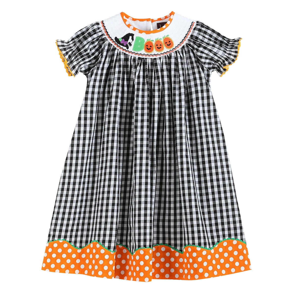 Black and Orange Gingham 'booo' Smocked Bishop Dress