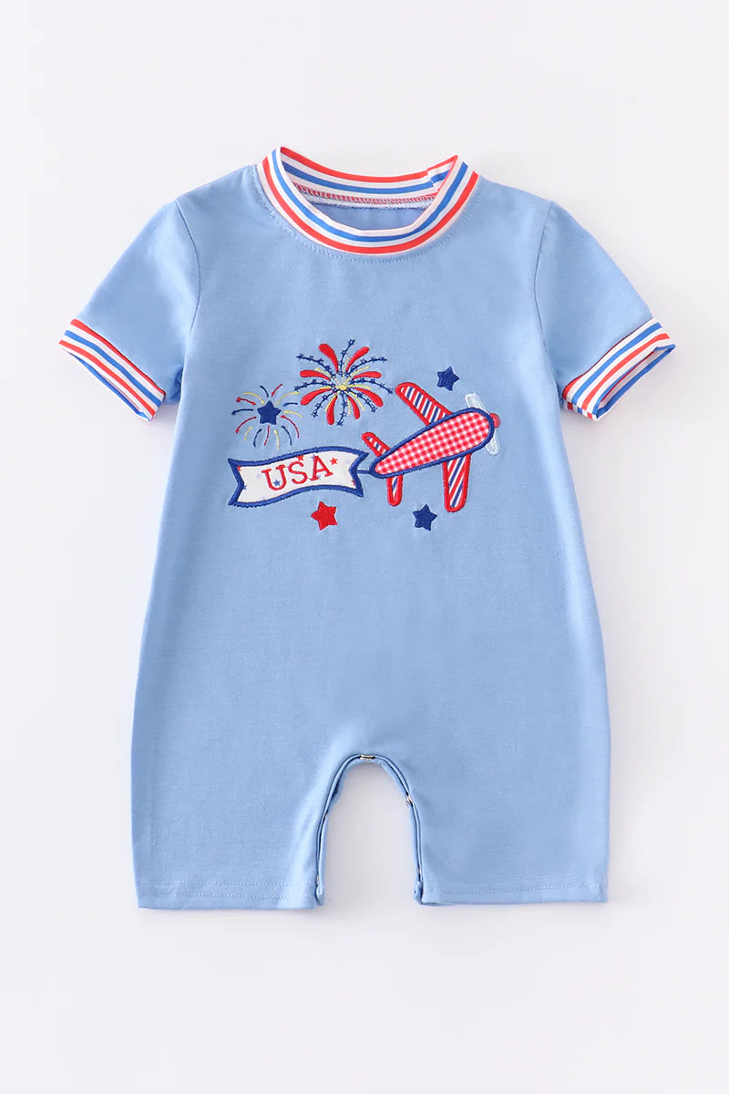 Blue patriotic airplane embroidery boy romper