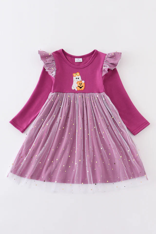 PURPLE HALLOWEEN GHOST PUMPKIN APPLIQUE GIRL DRESS