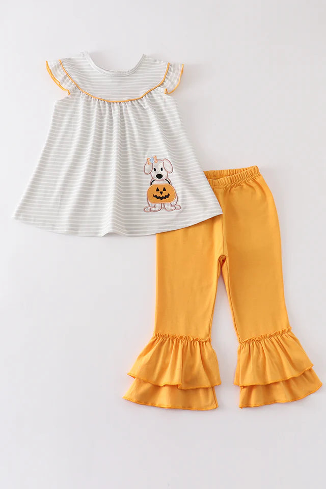 Striped Puppy Pumpkin Girl Set