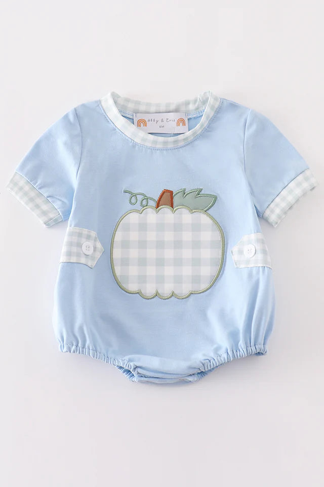 Blue plaid pumpkin applique boy bubble