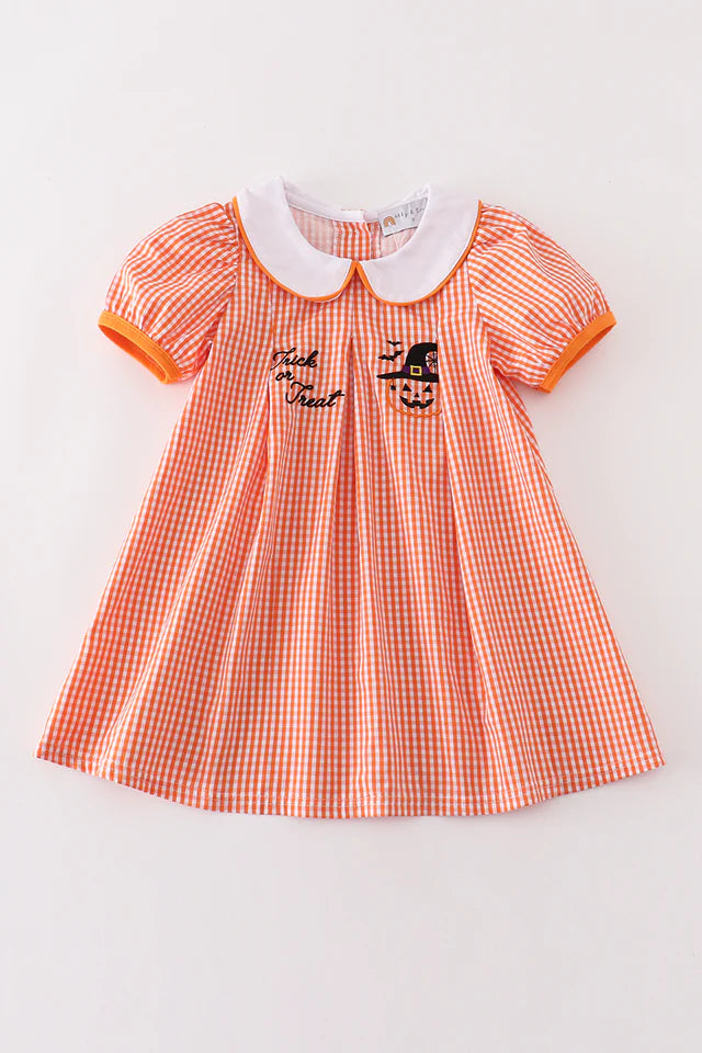 Orange plaid Trick or Treat embroidery dress