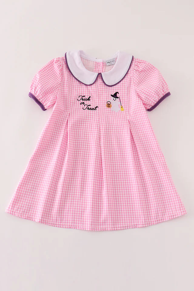 Pink plaid halloween Trick or Treat embroidery dress