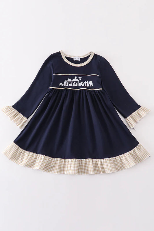 Navy nativity embroidery girl dress