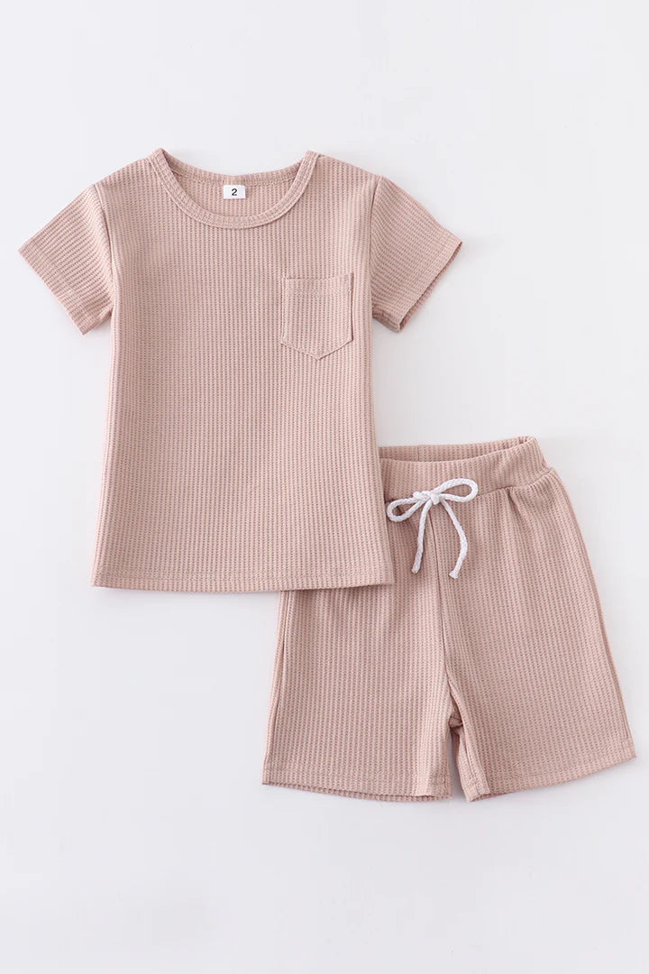 Beige ribbed cotton pocket shorts set