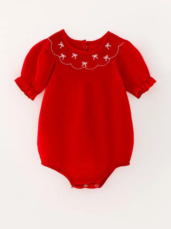 Bow Smocking Embroidered Red Romper