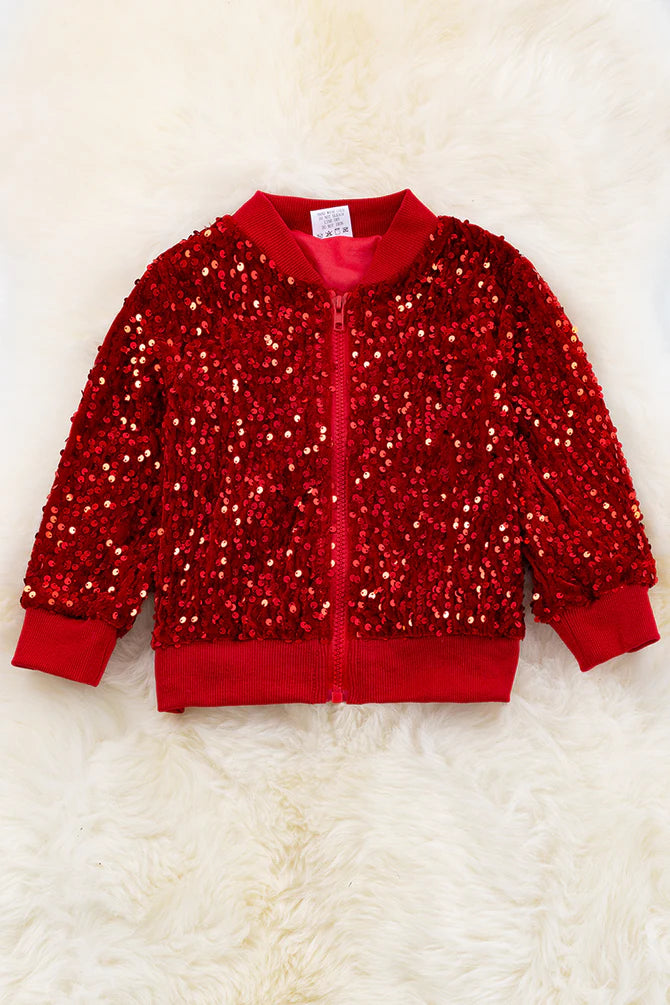 Girls Red Sequin Bomber Jacket