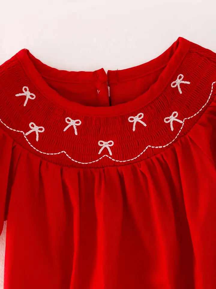 Bow Smocking Embroidered Red Romper