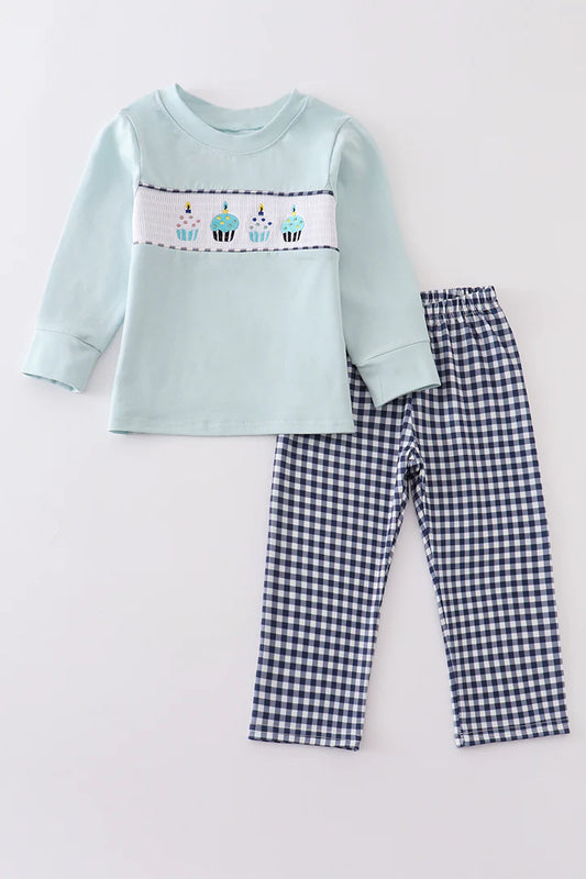 Blue birthday cake embroidery smocked boy set