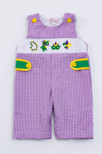 Mardi Gras Smocked  Boy Romper