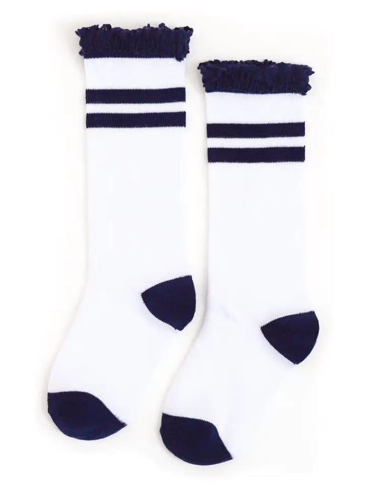Bright Navy Striped Lace Top Knee High Socks