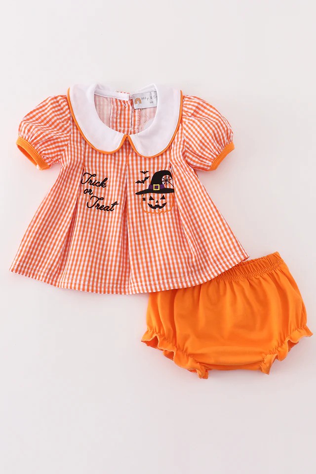 Orange Gingham Trick or Treat Embroidery Bloomer Set