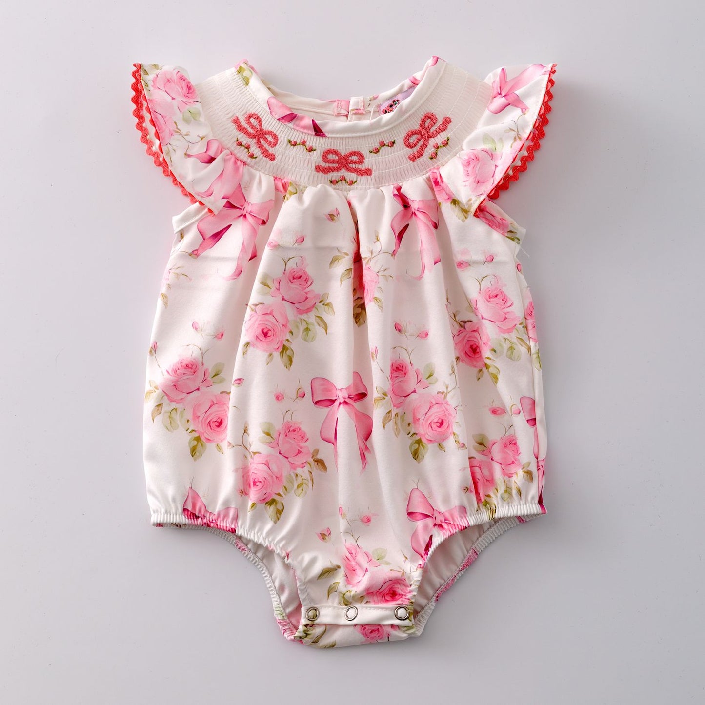 Rose Coquette Smocked Baby Romper