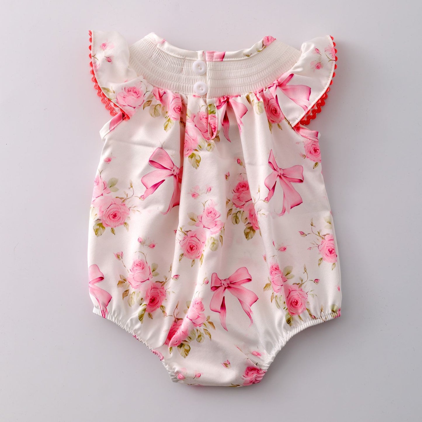 Rose Coquette Smocked Baby Romper