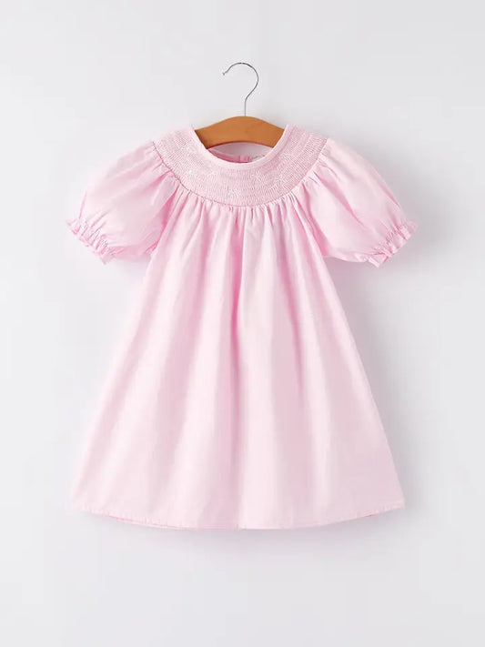 Bow Smocking Embroidered Pastel Pink Dress