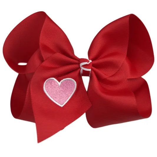 Red Bow with Pink Heart Embroidered Bow
