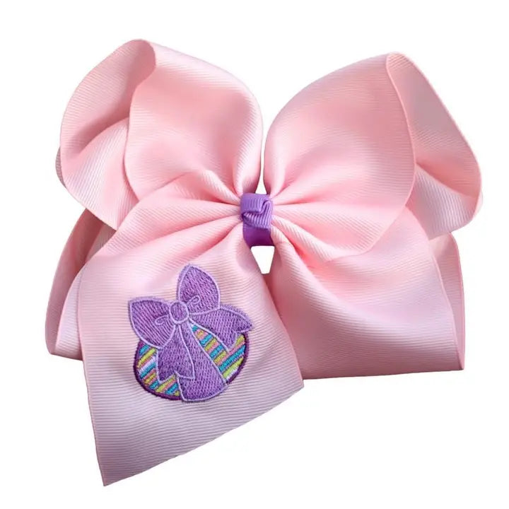 Light Pink with Striped Easter Egg Embroidered Hair Bow