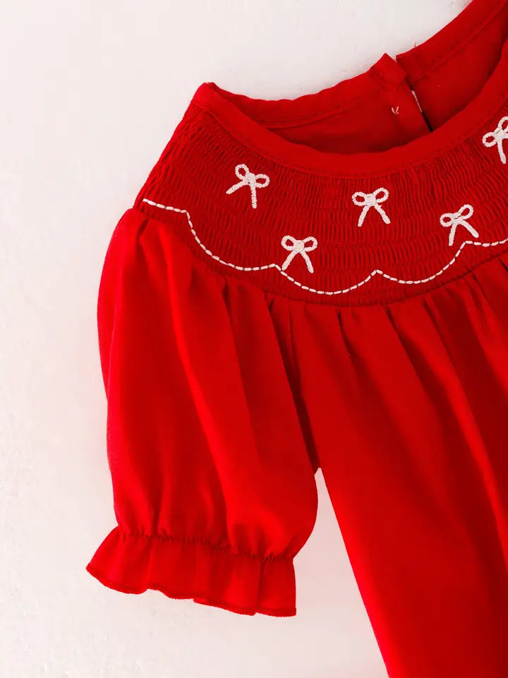 Bow Smocking Embroidered Red Romper