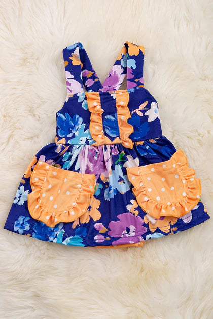 Royal blue floral printed baby onesie/dress with snaps