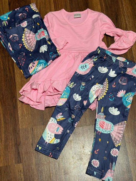 Pink hi/low Tunic with Bird Leggings and scarf