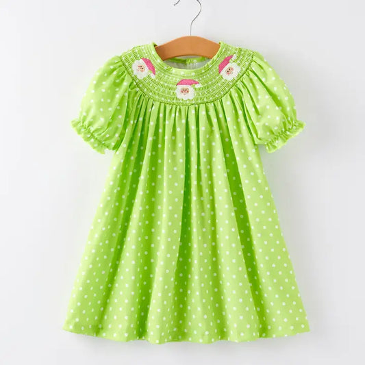 Christmas Green Santa Embroidery Girl Dress