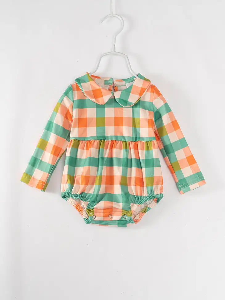Orange Green Plaid Print Baby Girl Romper