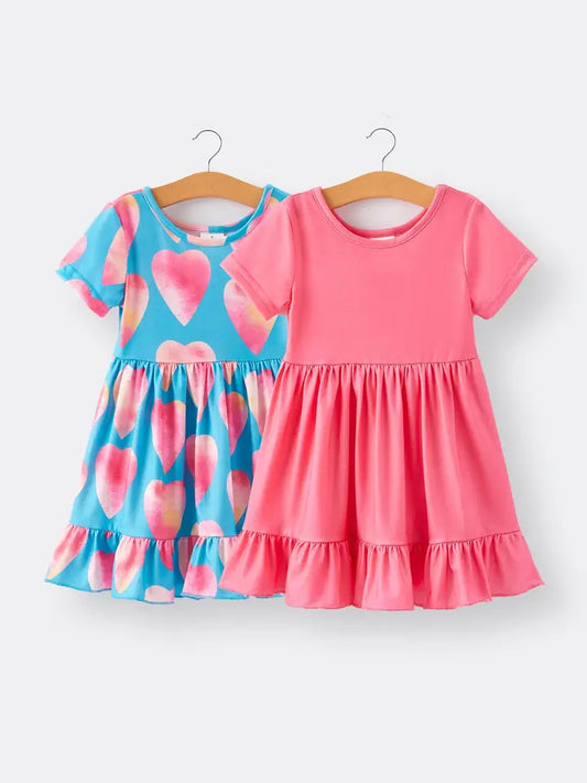 Girls Dress of 2 Pcs in One Package Valentine's Day Heart Print Dress