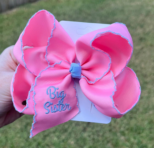 Big Sister Pink Embroidered Hair Bow (B7)