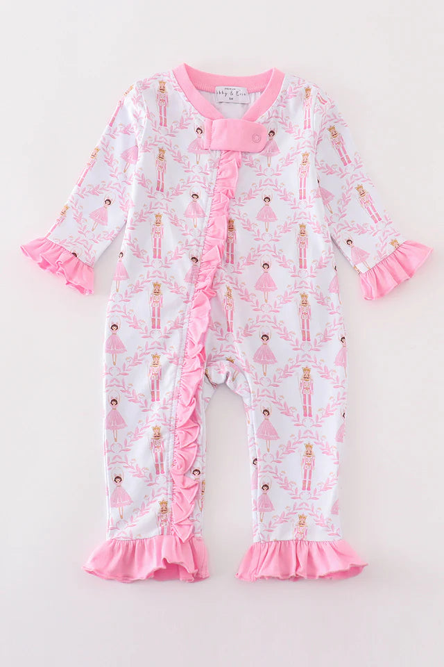 Pink nutcracker print ruffle romper