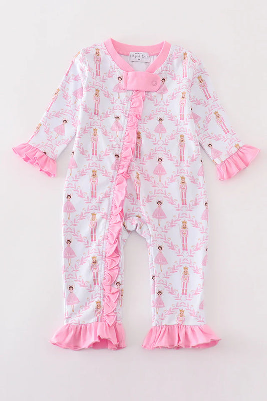 Pink nutcracker print ruffle romper