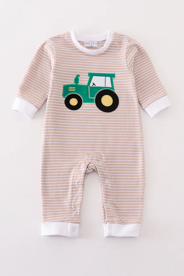 beige stripe tractor applique boy romper