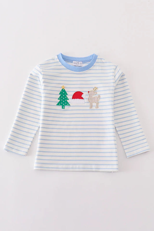 blue stripe christmas reindeer applique boy top