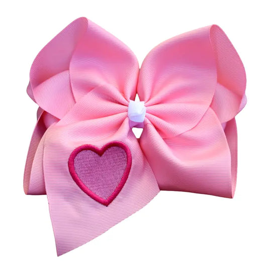 Pink Heart Embroidered Hair Bow