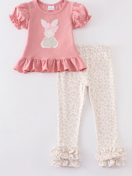 Pink Rabbit Applique Ruffle Pants Set