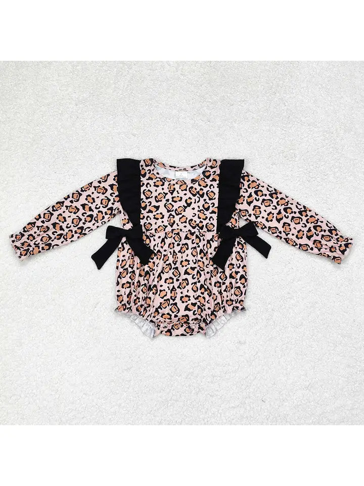 Leopard Bows Long Sleeve Romper