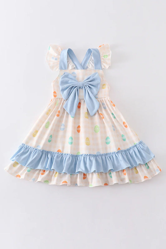 Blue Egg Print Bow Dress