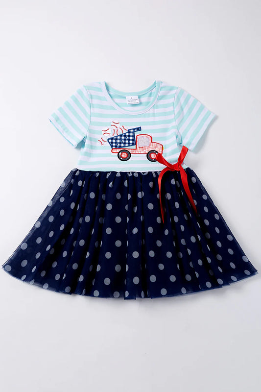 Blue stripe baseball applique dress