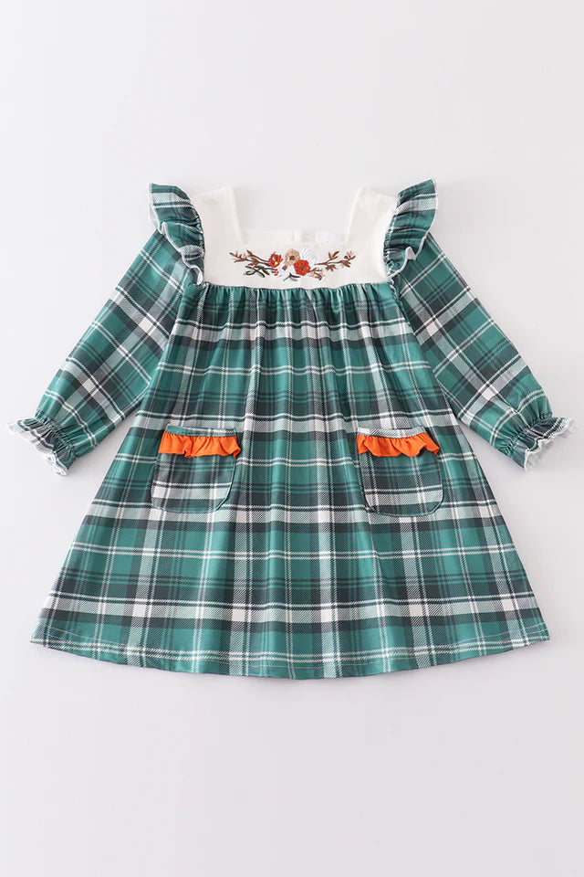 Green plaid floral applique pocket dress