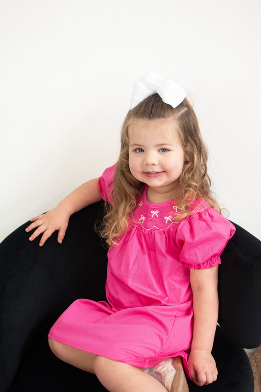 Bow Smocking Embroidered Pink Dress