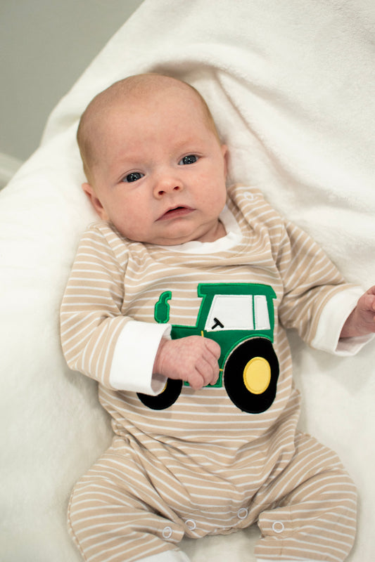 beige stripe tractor applique boy romper