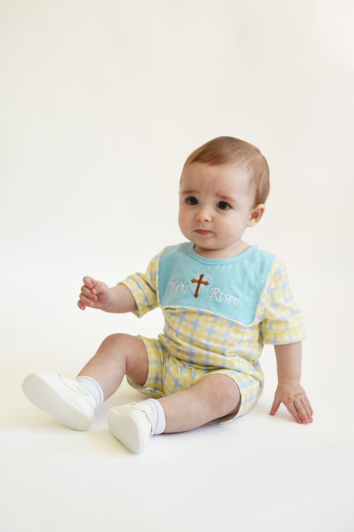 Yellow Plaid He is Risen Boy Romper