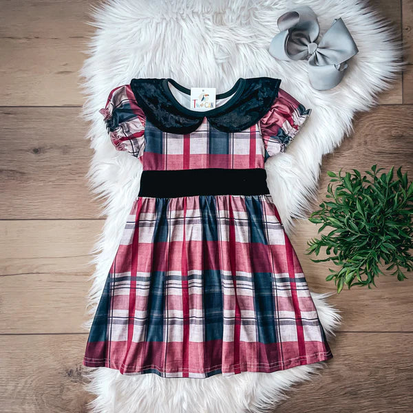 Christmas Plaid & Velvet Short Sleeve Dress by TwoCan