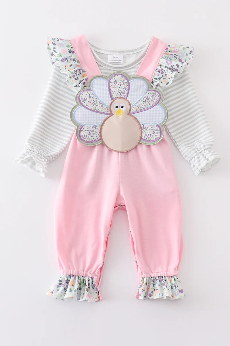 Pink floral turkey applique romper set