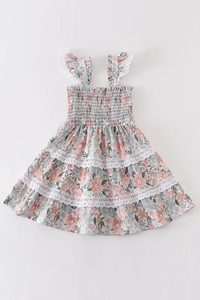 FLORAL PRINT SMOCKED GIRL DRESS