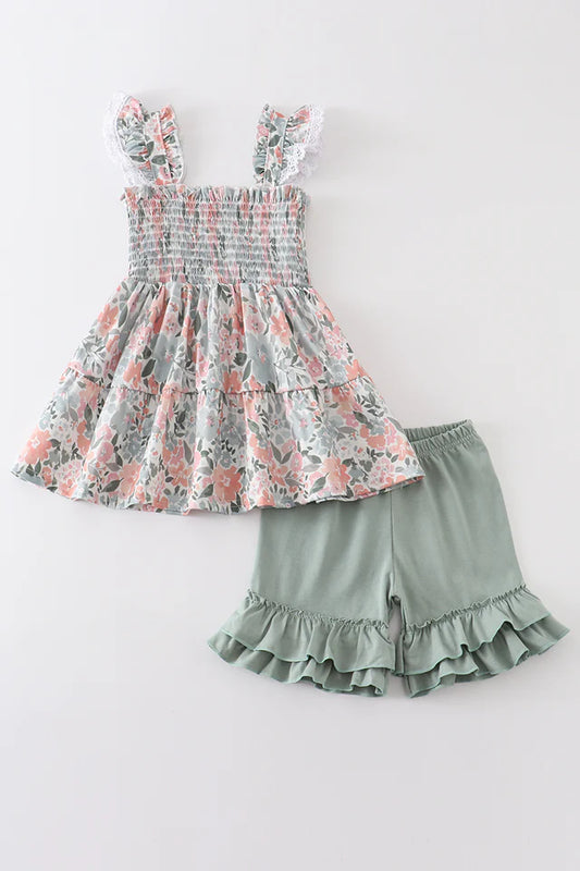 FLORAL PRINT SMOCKED GIRL SET