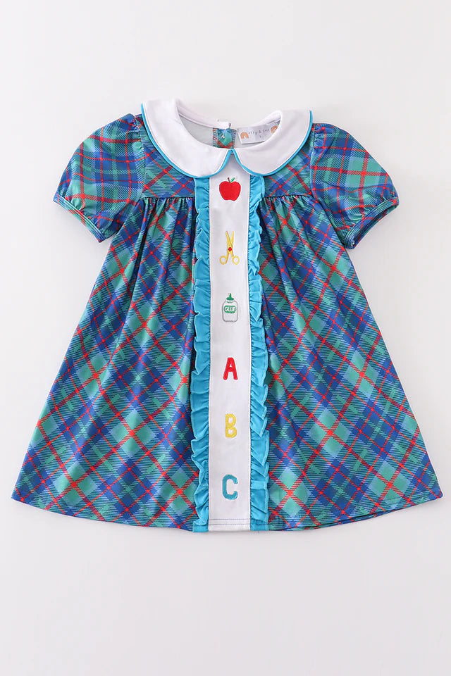 TEAL APPLE ABC EMBROIDERY PLAID DRESS