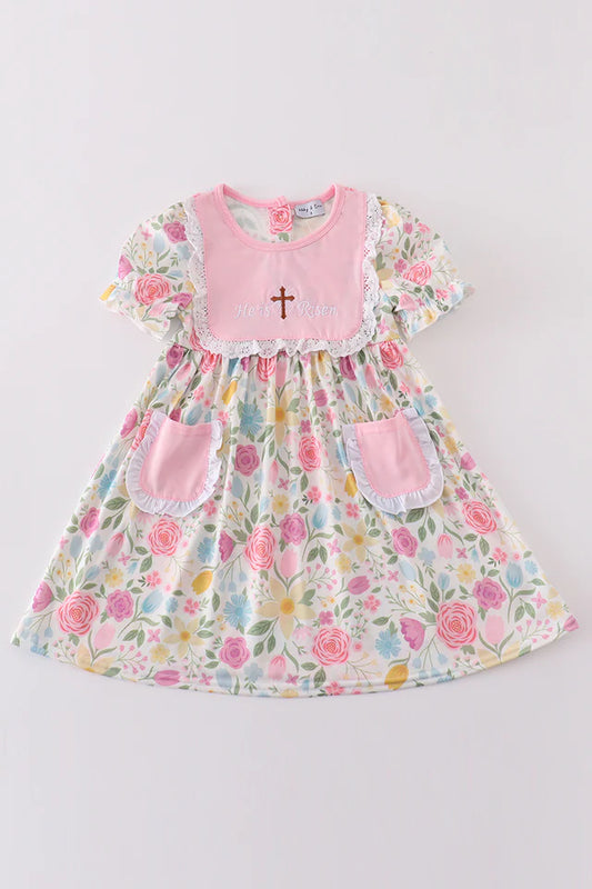 Pink Easter Cross He is Risen Girl Dress