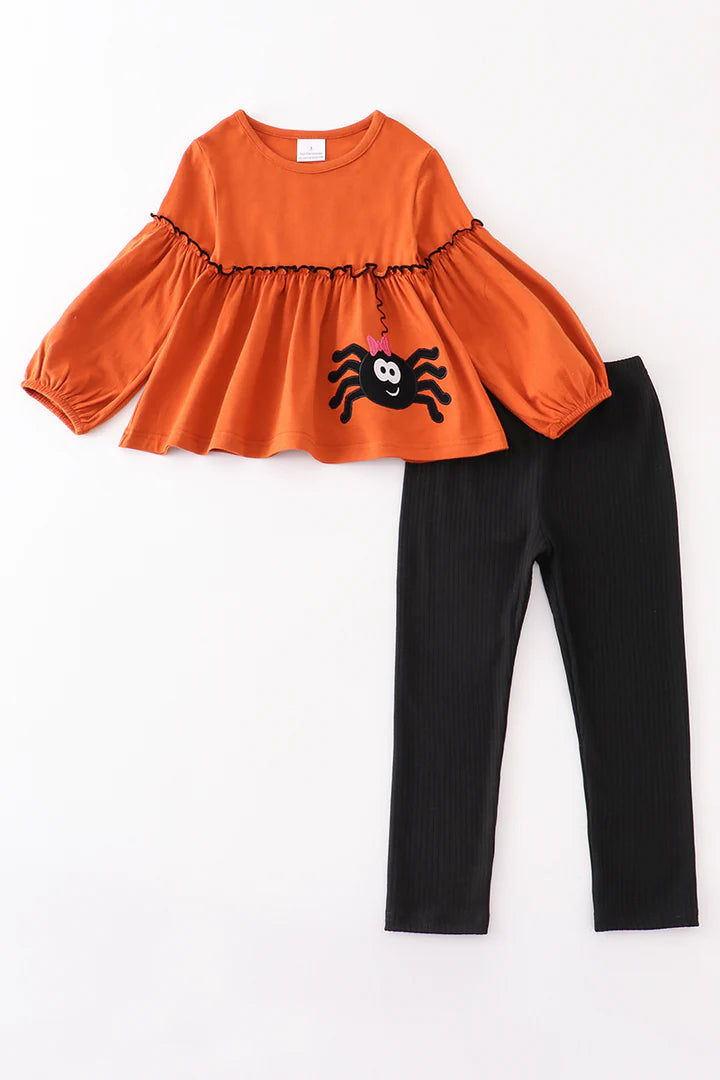 Orange Halloween Spider Applique Girl Set