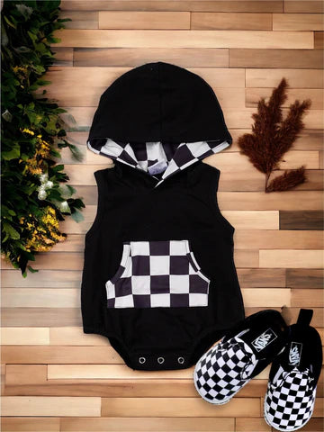 CHECKER PRINTED BABY ONESIE W/HOODIE