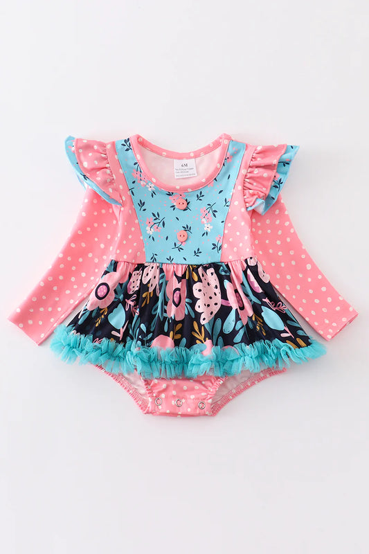 Pink floral print ruffle baby romper